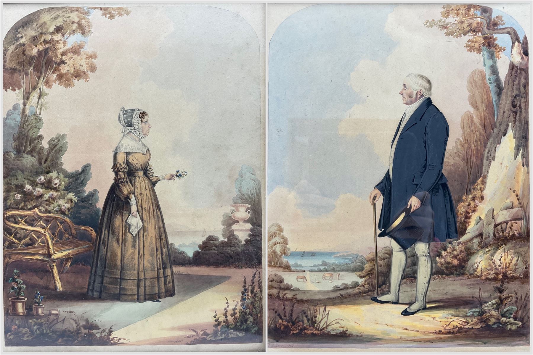 H Gilbert (British Mid-19th century): Full Length Portrait of a Wealthy Lady and Gentleman with the Solent Behind, pair watercolours signed and dated 1843, in matching rosewood frames 34cm x 26cm (2)