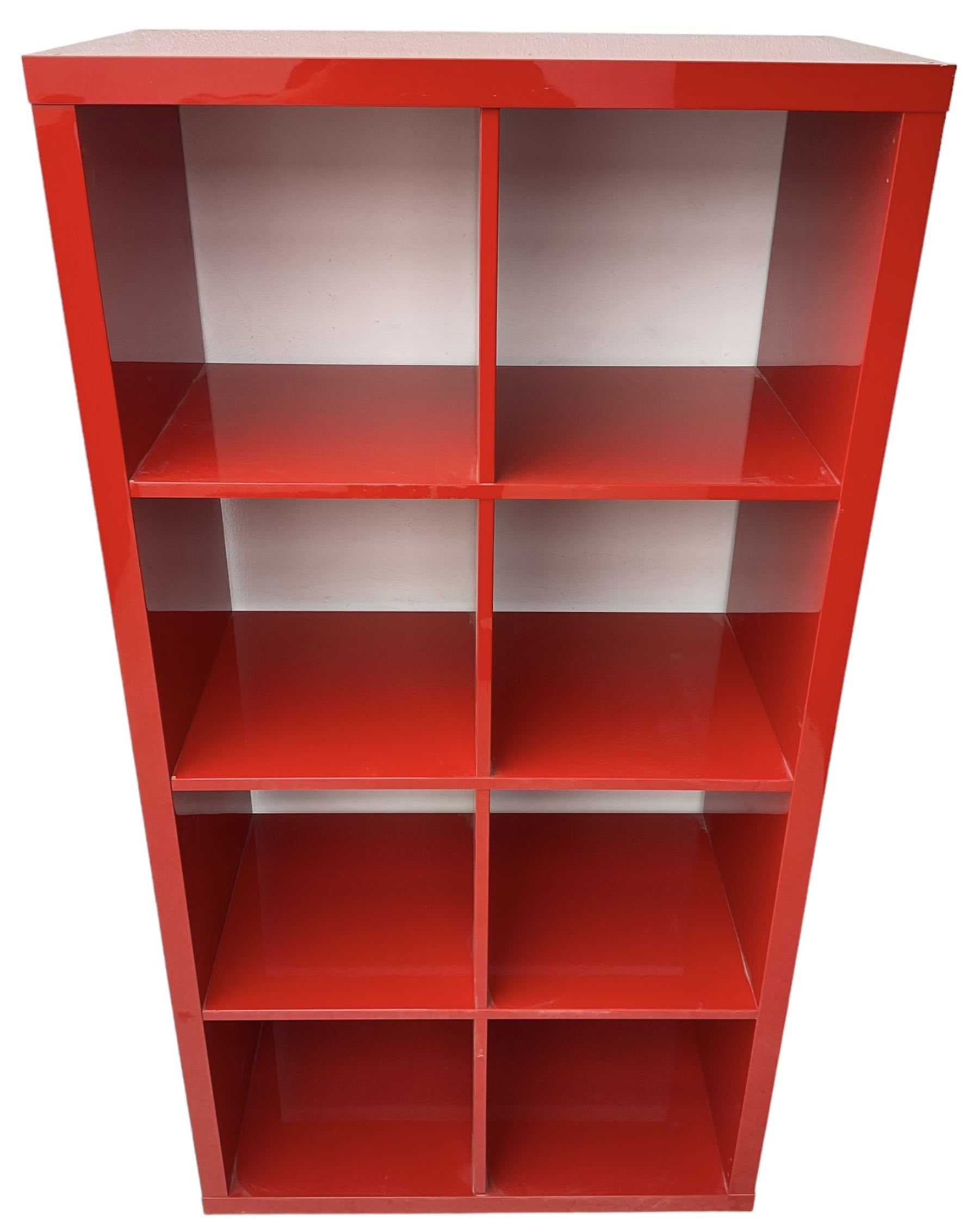 Modern red lacquered bookcase or shelving unit, with eight evenly divided compartments, finished in a high-gloss lacquer