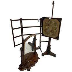 Victorian rosewood pole screen (H146cm); Victorian mahogany dressing table mirror (H75cm); 20th century mahogany folding clothes horse or towel rail (3)