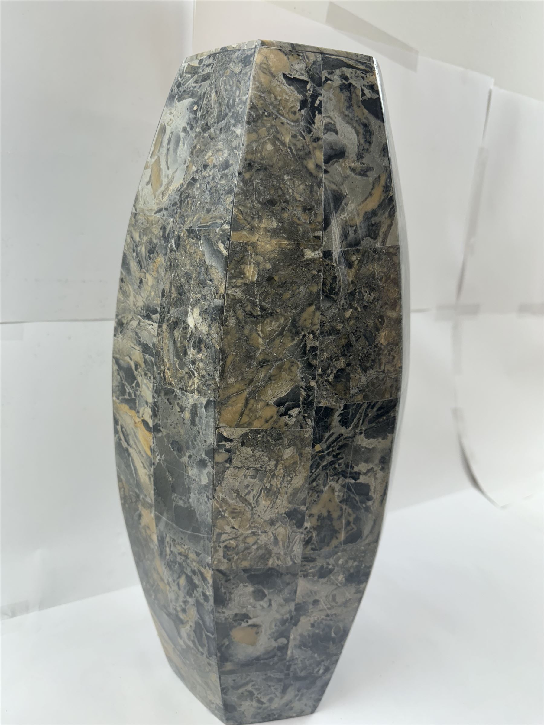 Marble mosaic vase, of hexagonal form, H45cm