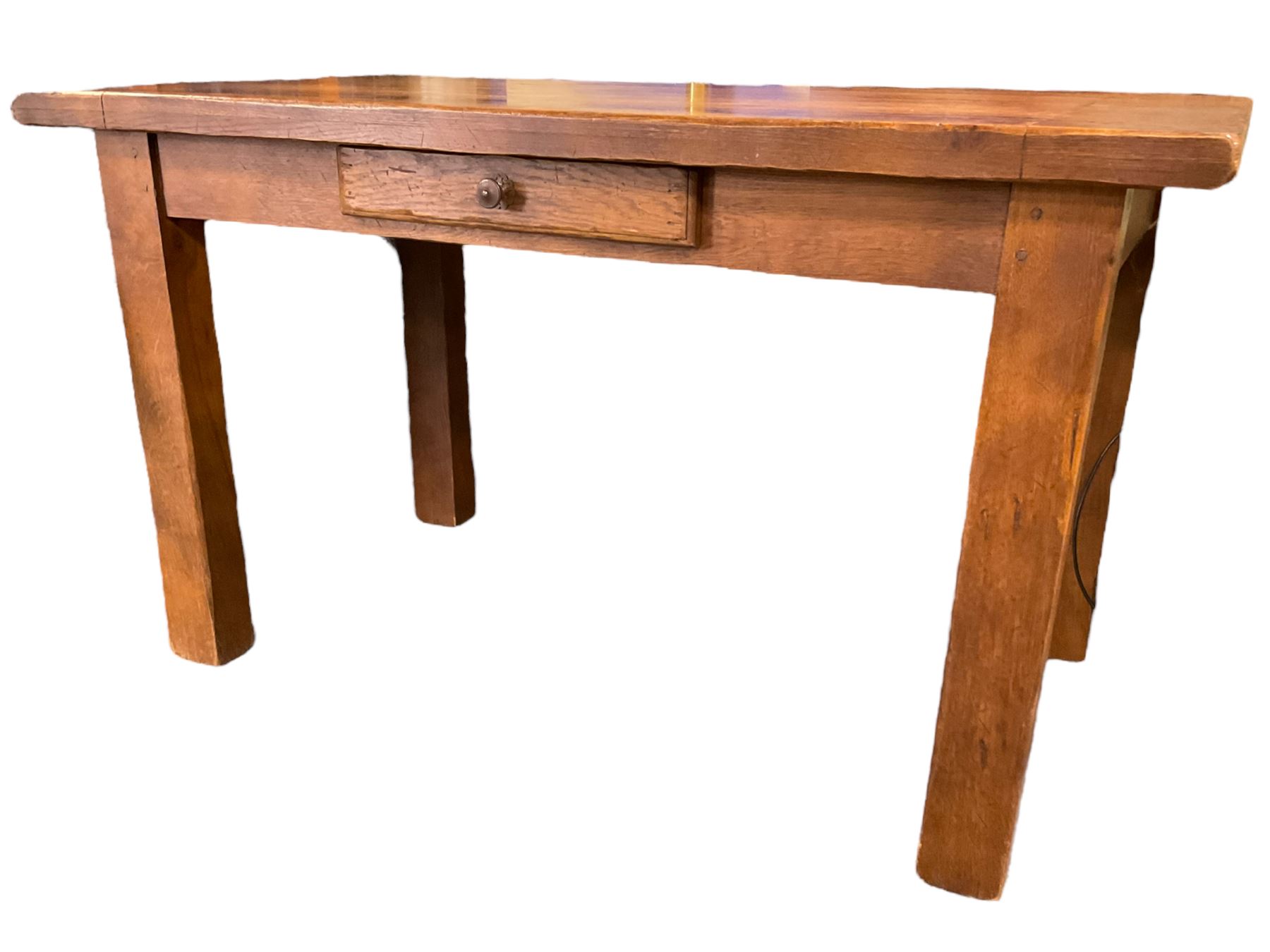 Antix Furniture - oak dining table, rectangular plank top with single drawer to the longer side, on square supports 