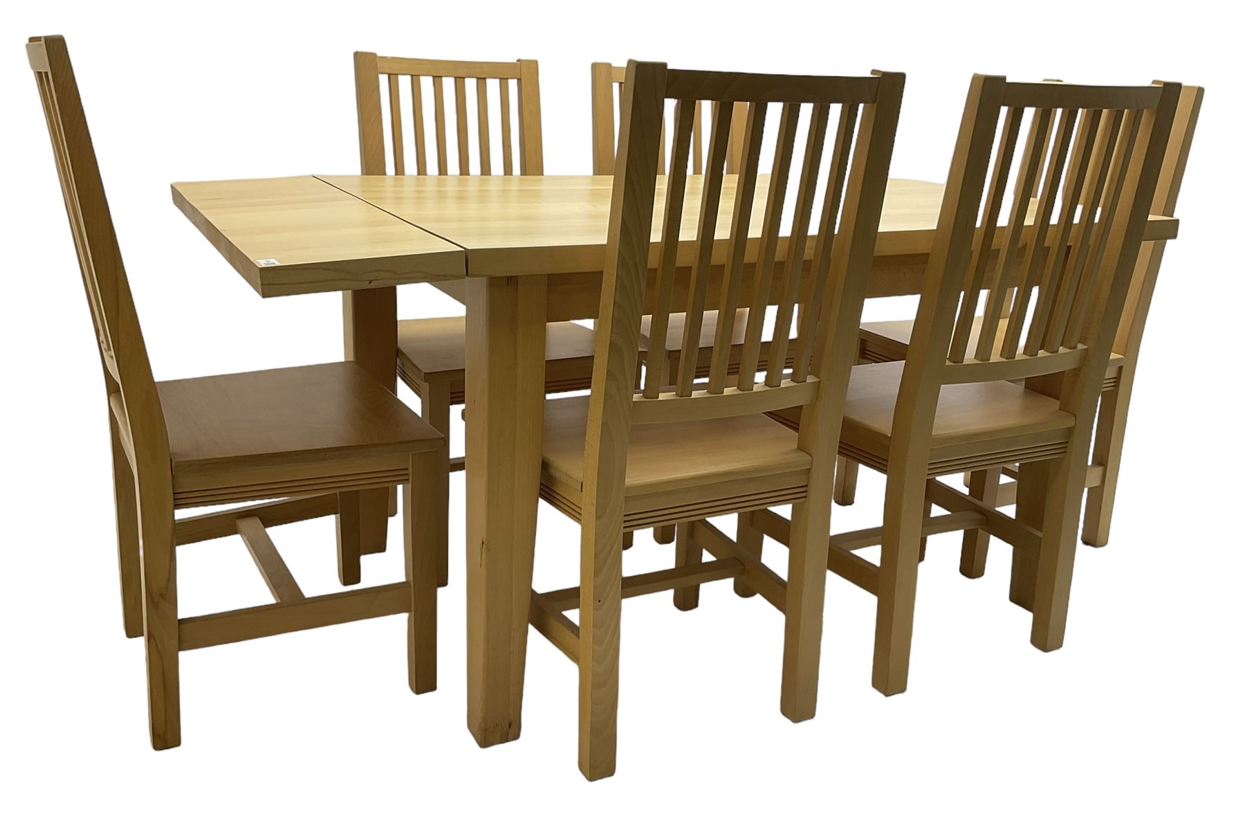 Solid beech rectangular dining table (89cm x 135cm - 160cm, H77cm), and a set of five beech dining chairs