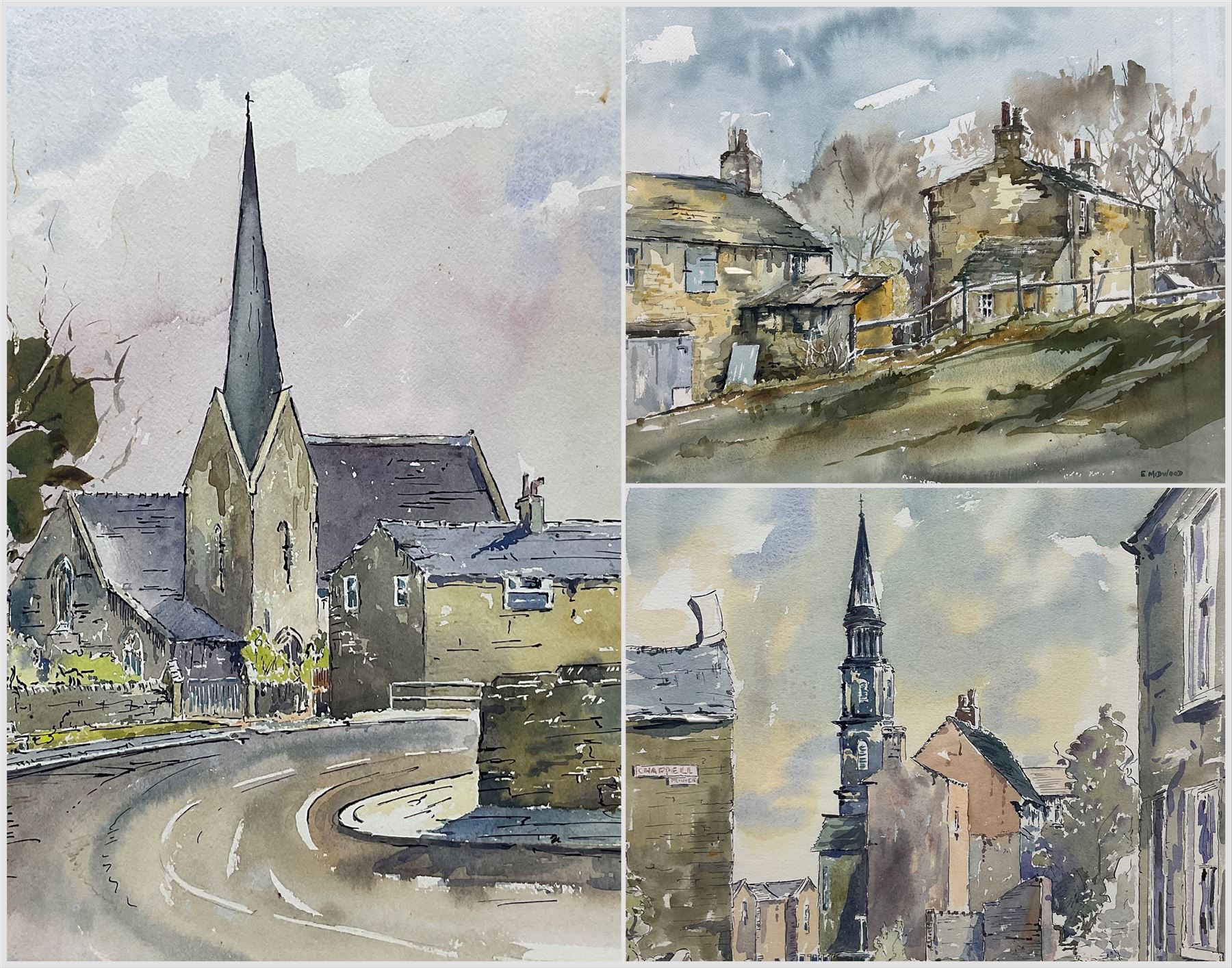 Ernest Midwood (British 1917–1993): Church and Village Scenes, set of three watercolours signed, one dated 1972 38cm x 49cm (3)