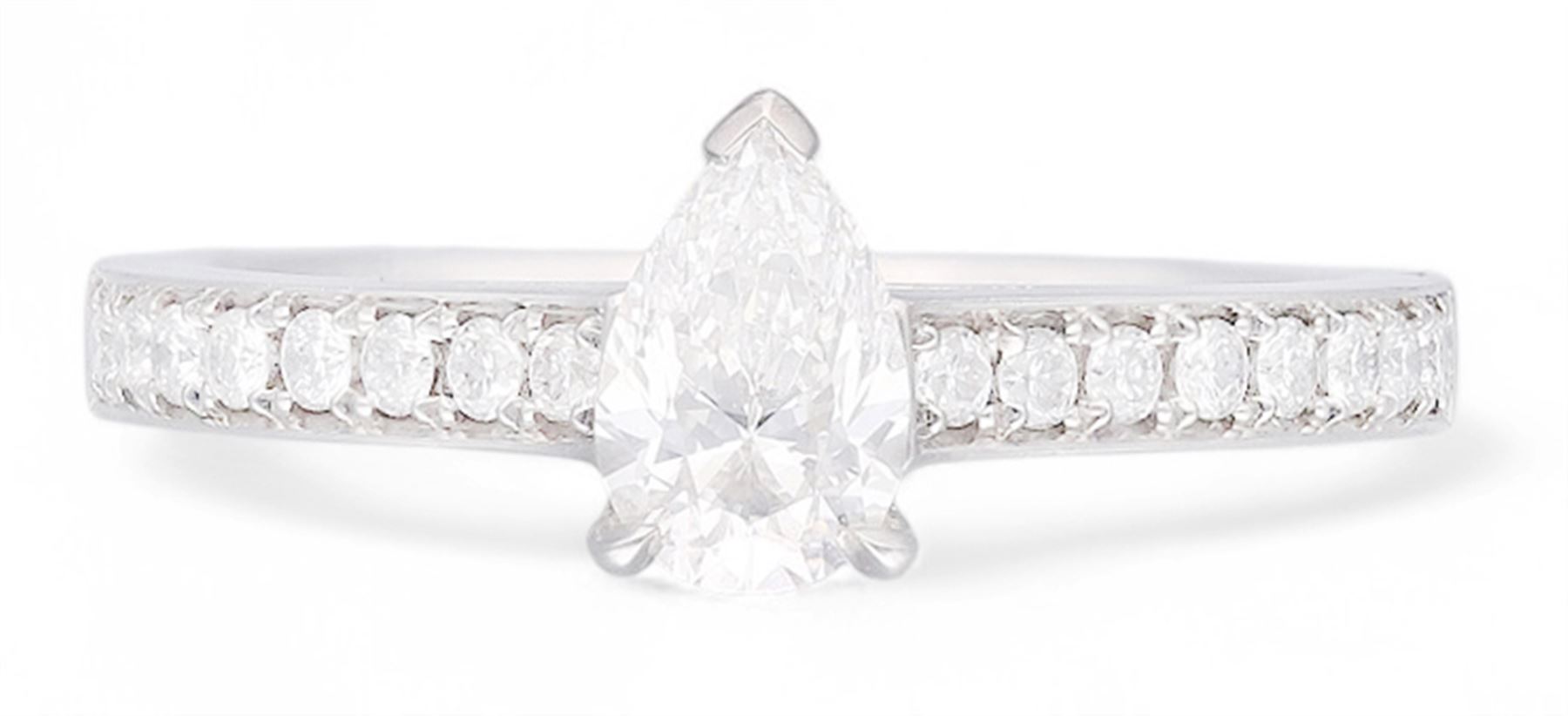 Platinum single stone pear cut diamond ring, with diamond set shoulders, hallmarked, principal diamond approx 0.50 carat, total diamond weight approx 0.70 carat