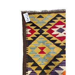 Chobi Kilim multi-colour runner rug, the field decorated with geometric lozenges in contrasting shades on brown ground