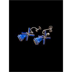 Pair of silver and blue enamel windmill screw back earrings, stamped 925