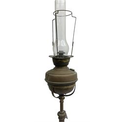 Victorian standard oil lamp, turned column with scrolled supports (H168cm); together with a small antique oil lamp (2)