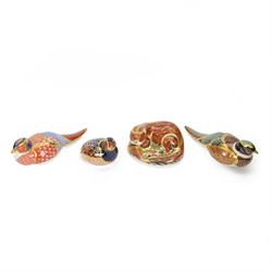 Four Royal Crown Derby paperweights, comprising Woodland Pheasant, Pheasant, Partridge and...