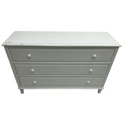 Contemporary wide white painted straight-front chest, fitted with three drawers