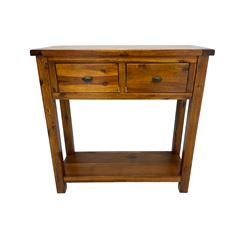 Hardwood side or hall table, rectangular top over two drawers, on square supports joined by undertier 