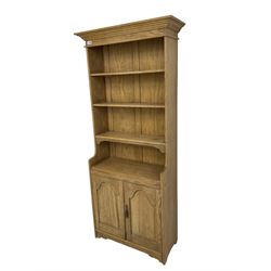 Contemporary light oak open bookcase, fitted with three shelves over double cupboard