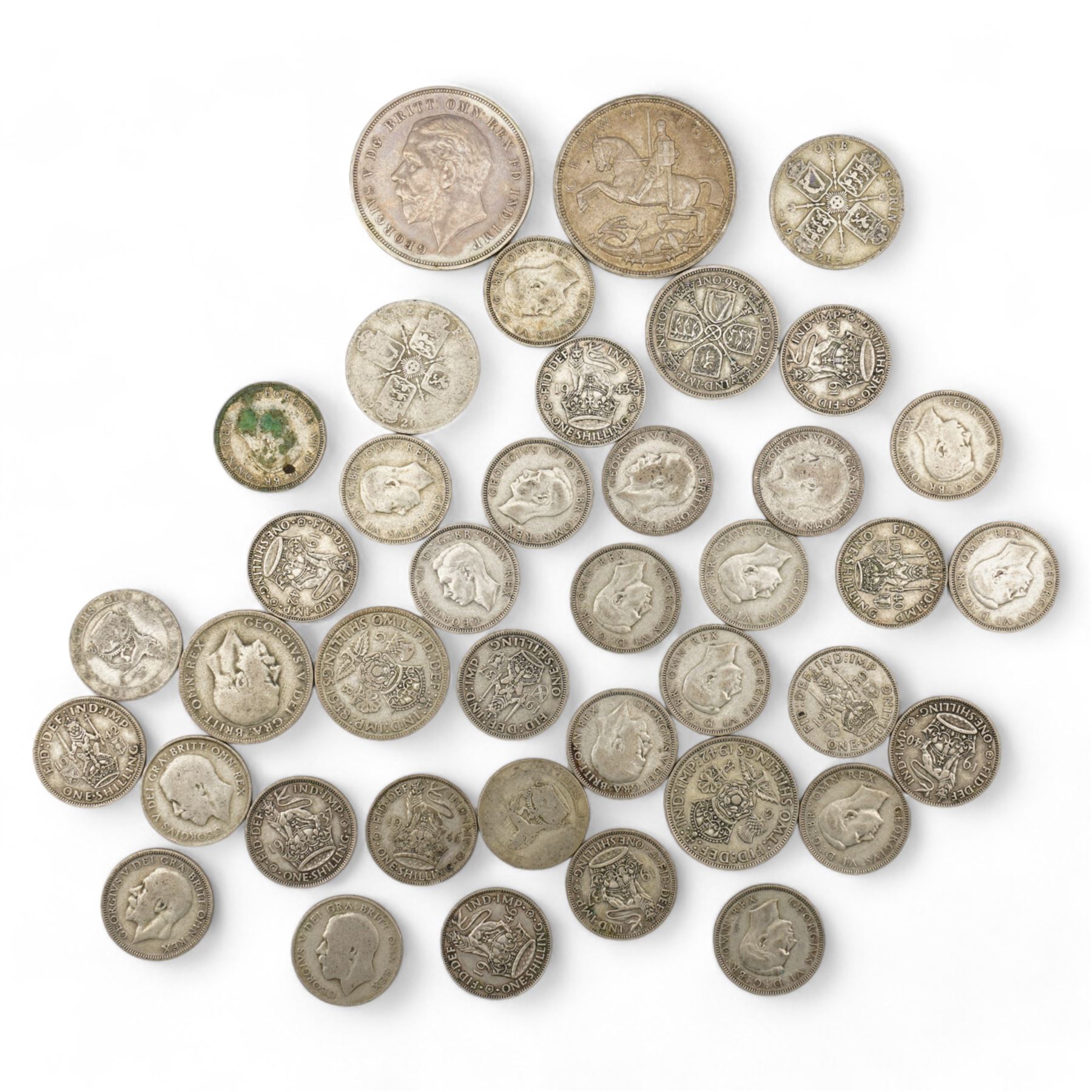 Approximately 300 grams of Great British pre 1947 silver coins, including two King George V 1935 crowns, florins etc