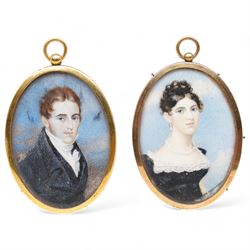 English School (Early 19th century): Portrait of a Regency Lady and Gentleman Wearing Blac...