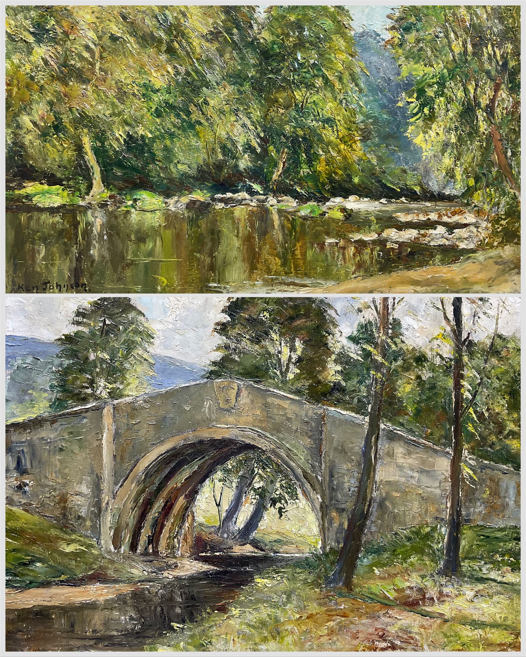 Ken Johnson (British 20th Century): Hunter's Sty Bridge - Westerdale and 'The Esk Near Whitby', two oils on board signed max 37cm x 63cm (2)