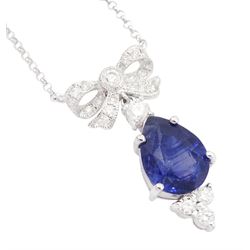 18ct white gold sapphire and diamond pendant necklace, the round brilliant cut diamond bow, suspending a pear cut sapphire and four round brilliant cut diamonds, stamped 750, sapphire approx 3.80 carat, total diamond weight approx 0.45 carat