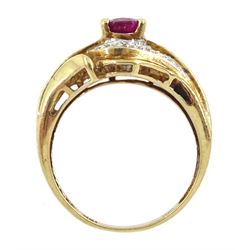 Gold ruby and diamond cluster ring, stamped 10K