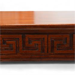 Neoclassical design mahogany console table, rectangular top over Greek key carved frieze with foliate carved back and sides, raised on twin pilaster end supports with acanthus capitals, on a plinth base