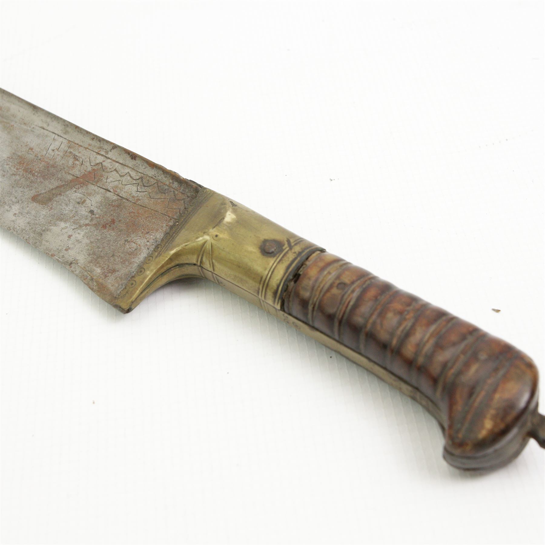  19th century Afghan Khyber knife with engraved blade and horn grip 60cm blade length, another similar Khyber knife, Indian Tulwar and a Kukri (4)