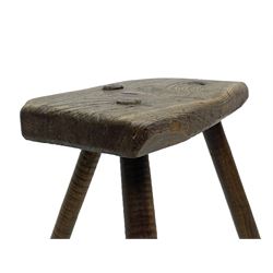 19th century elm cutler's stool, shaped seat on three rib turned supports