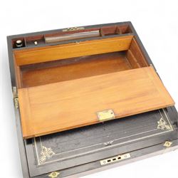 19th figured walnut and brass bound writing slope, the hinged cover opening to reveal a tooled black leather writing surface, pen tray and various compartments, L50cm x H18.5cm