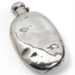 Late Victorian silver hip flask of flattened oval form L14cm Sheffield 1894 Maker Walker & Hall 