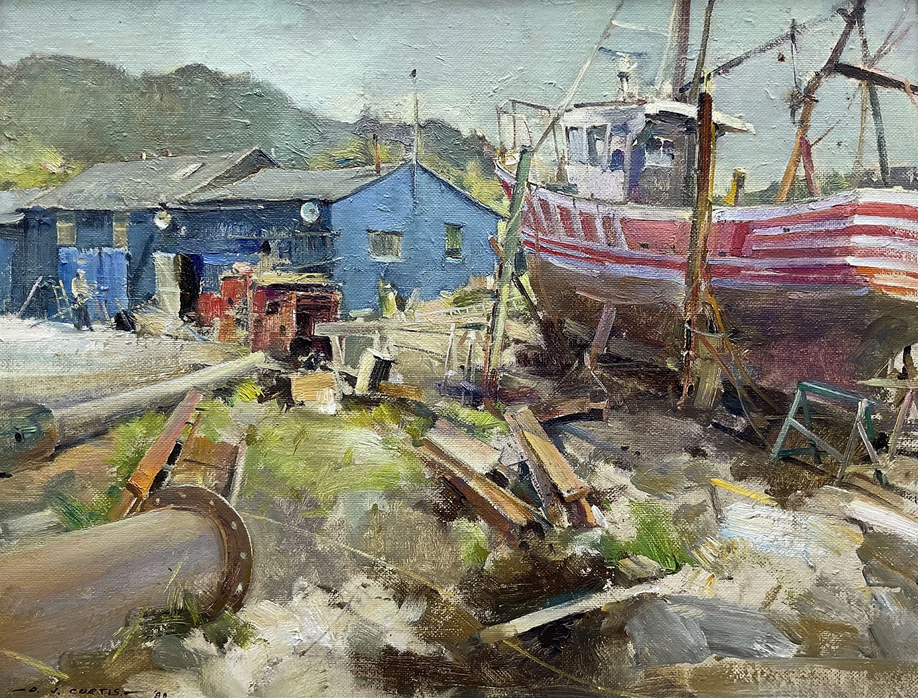 David Jan Curtis (British 1948-): 'Repair Yard in Arisaig', oil on canvas board signed and dated '89, titled verso 34cm x 44cm