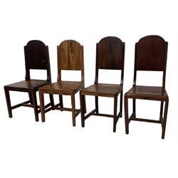 Mid-to-late 20th century teak dining table, rectangular top with canted corners, on square tapering supports with spade feet (214cm x 119cm, H76cm); and a set of eight Burmese reclaimed teak dining chairs, high arched back over panelled seat