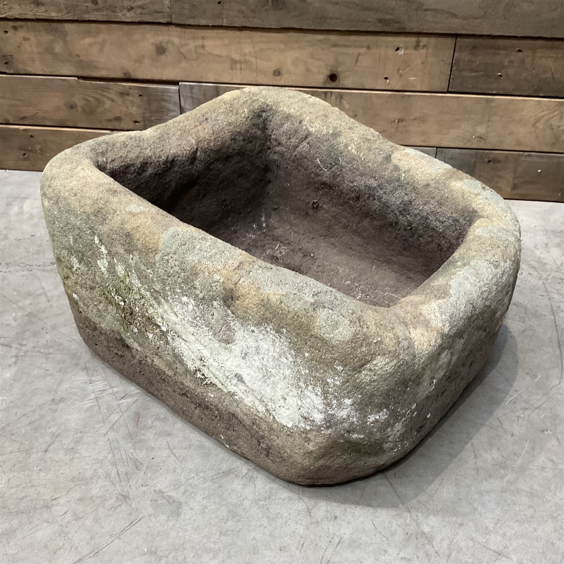 Small 19th century square stone trough and a cast stone bird bath