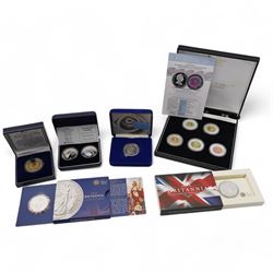 Six silver coins or sets, comprising 1999 'Diana' five pounds, Nightingale Island 2005 'The Life of HM Queen Elizabeth The Queen Mother' five coin set, Tristan Da Cunha 2006 five pounds, Cook Islands 2007 'The Diamond Wedding' coin pair, 2011 one ounce fine silver Britannia and 2012 one ounce fine silver Britannia, all cased or on cards