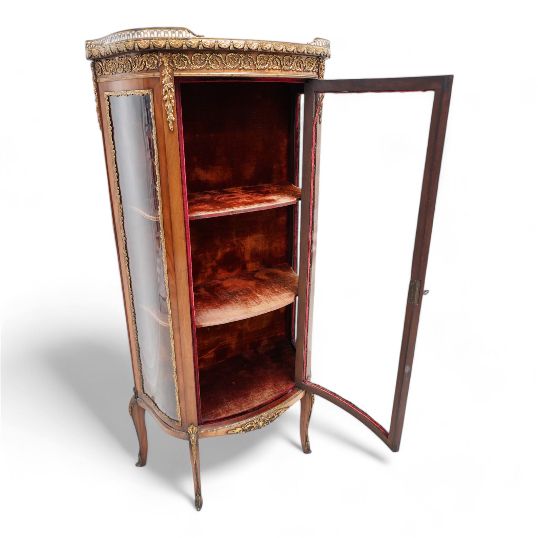 Late 19th to early 20th century French Kingwood and gilt metal mounted vitrine display cabinet, red variegated marble top with raised gilt metal gallery, the frieze decorated with scrolling leafy branches, enclosed by single glazed door, fabric lined interior fitted with two internal shelves, on cabriole feet