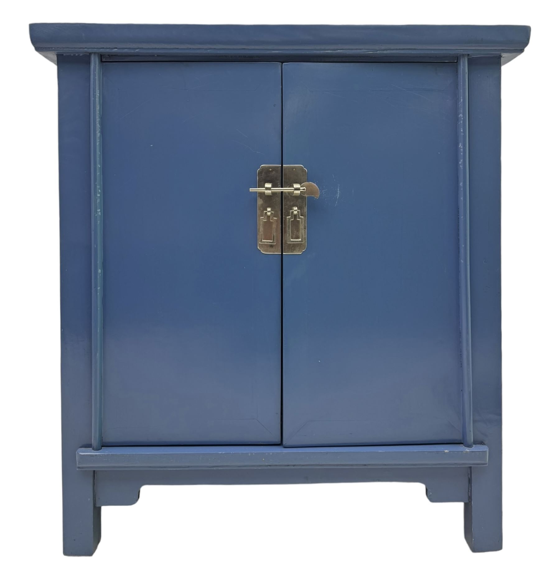 20th century Chinese blue lacquered cabinet, rectangular top over double doors with brass latch, interior fitted with shelves, on square supports