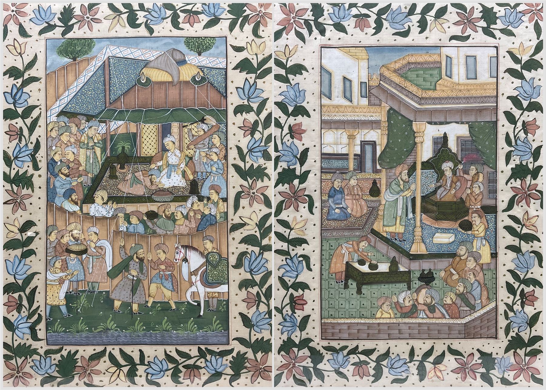 Mughal School (20th century): Scenes from Court, pair paintings on silk 50cm x 36cm (2)