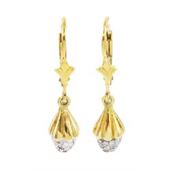 Pair of 18ct white and yellow gold pave set diamond, acorn pendant earrings, stamped 750