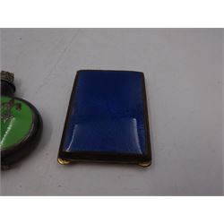 Early 20th century small brass cigarette case, with guilloche enamel panel to hinged cover, together with a silver plated ceramic scent bottle, cigarette case H6cm