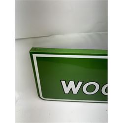 Wills's Woodbine enamel advertising sign, with white and black lettering on a green ground, W73.5cm, H23cm