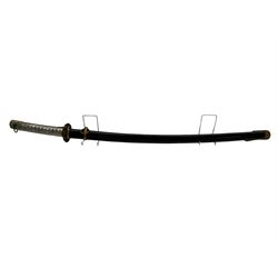 WWII Japanese katana with cast pierced tsuba, the L69cm arsenal steal blade marked 144559, with black lacquer Saya (scabbard), L97cm overall