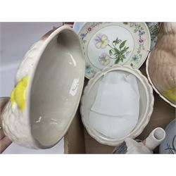 Two hen on nests, one modelled as a hen, one modelled as a duck, Wedgwood Jasperware lidded box, motto ware bottle and a collection of other ceramics, glassware etc, in four boxes 