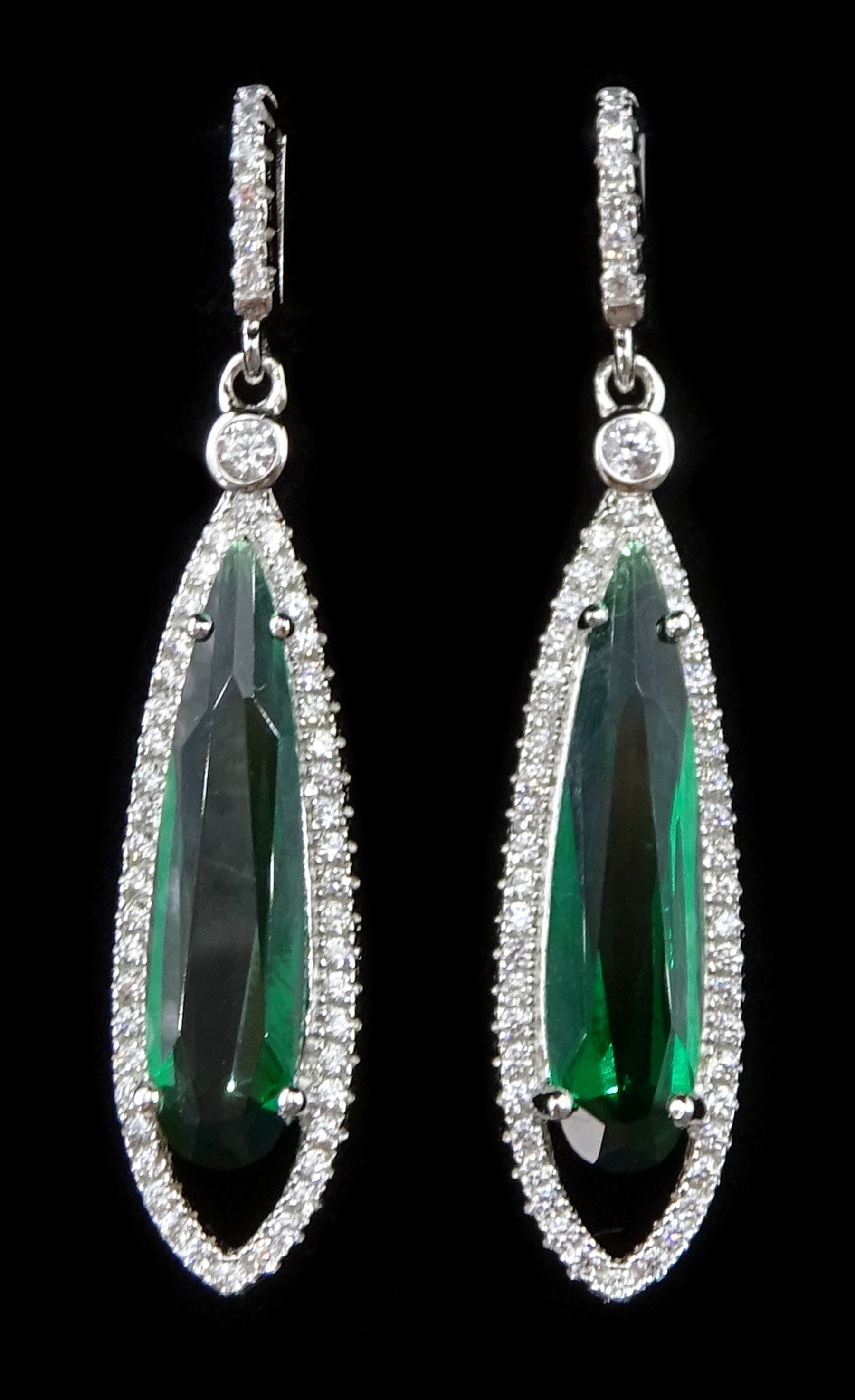 Pair of silver green paste stone and cubic zirconia pendant earrings, stamped 925