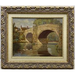 Byron Winston Warmby (Sheffield 1902-1978): 'Baslow Bridge - Derbyshire', oil on board signed, titled verso 34cm x 44cm
Provenance: private collection, purchased Phillips Leeds 19th November 1998 Lot 599; with Hibbert Brothers, Norfolk St., Sheffield, labels verso