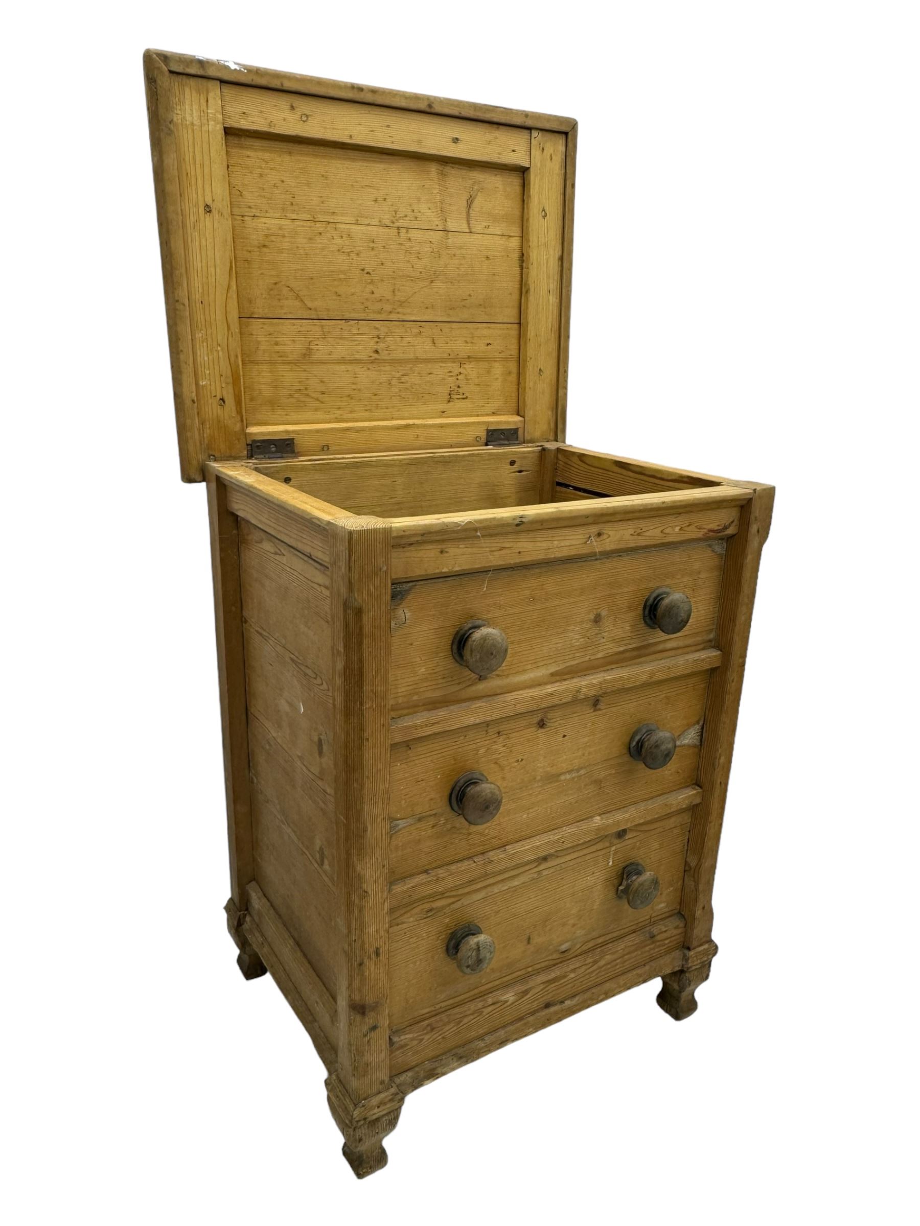 19th century stripped pine pedestal chest, hinged rectangular top with three planks and rounded edges, over three simulated drawer fronts with turned knobs, on turned baluster feet