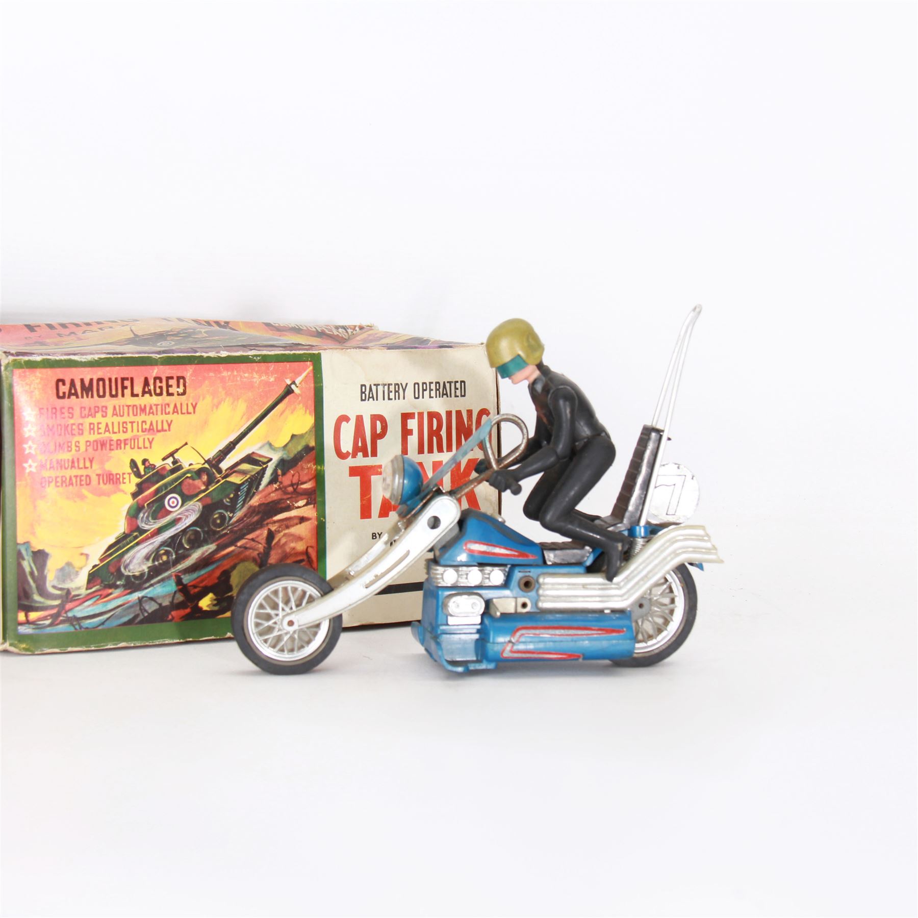 Two Airfix Assault Sets, to include Waterloo and Pontoon Bridge, both boxed, battery operated Cap Firing Tank by Marx, boxed, and a 1970s Hasbro motorcyclist 