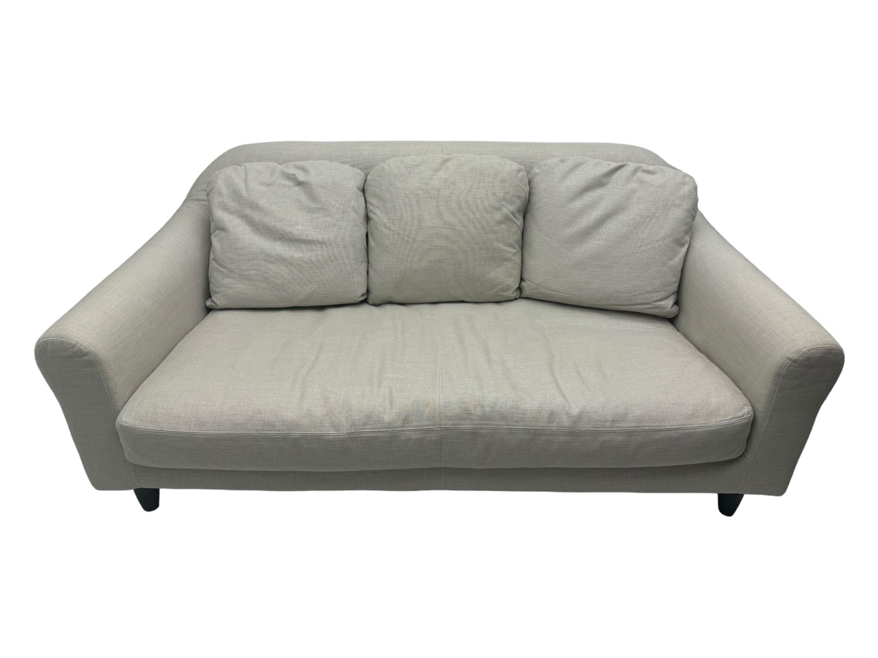 Habitat - contemporary three-seater sofa upholstered in neutral fabric, three scatterback cushions, raised on tapered supports