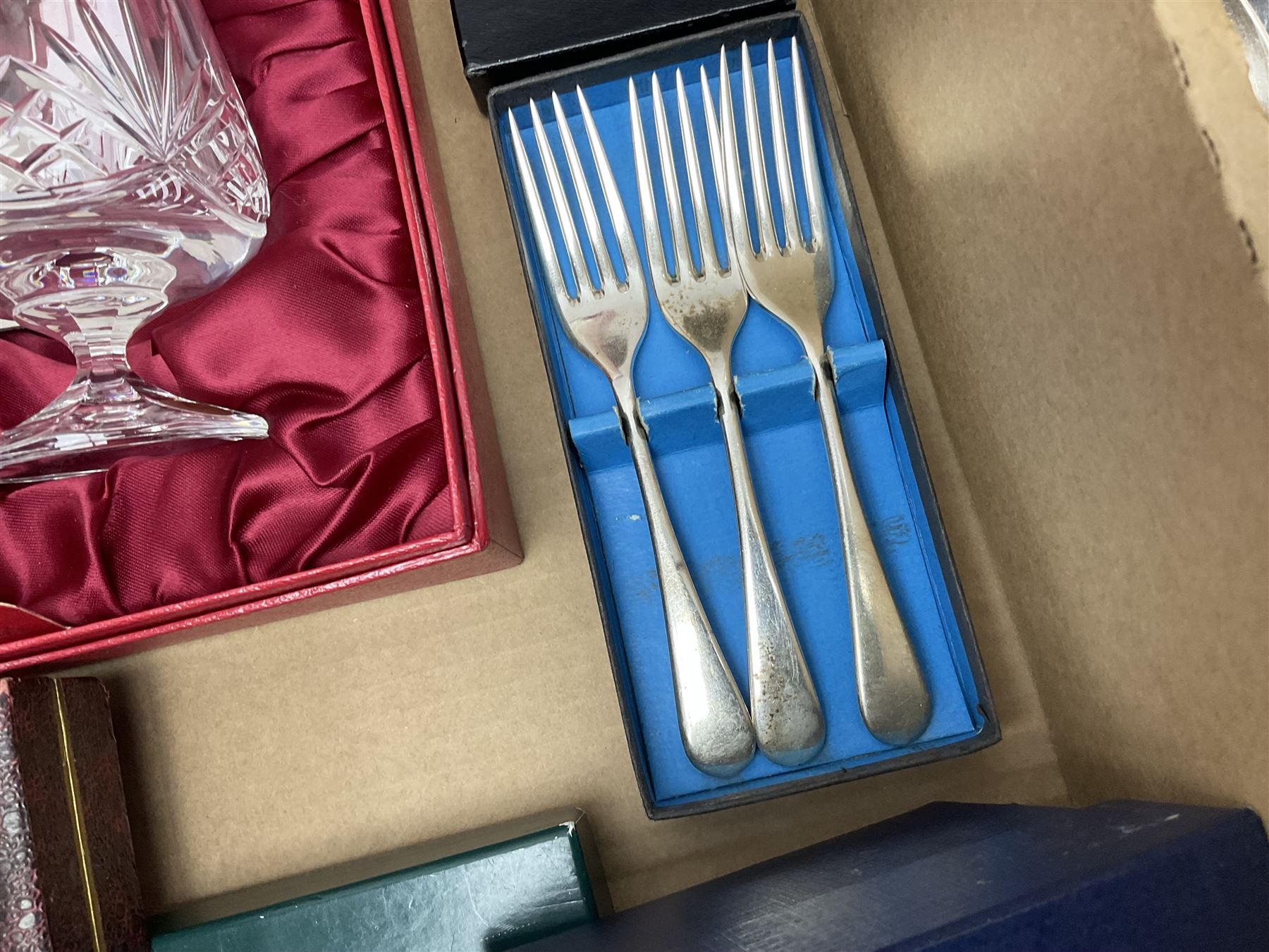 Juliana Treasure trinket, together with Stuart Crystal Redhouse Collection wine glasses, other glasses and flatware, in two boxes