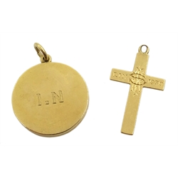 Gold circular locket and a gold cross, both hallmarked 18ct, approx 7.8gm