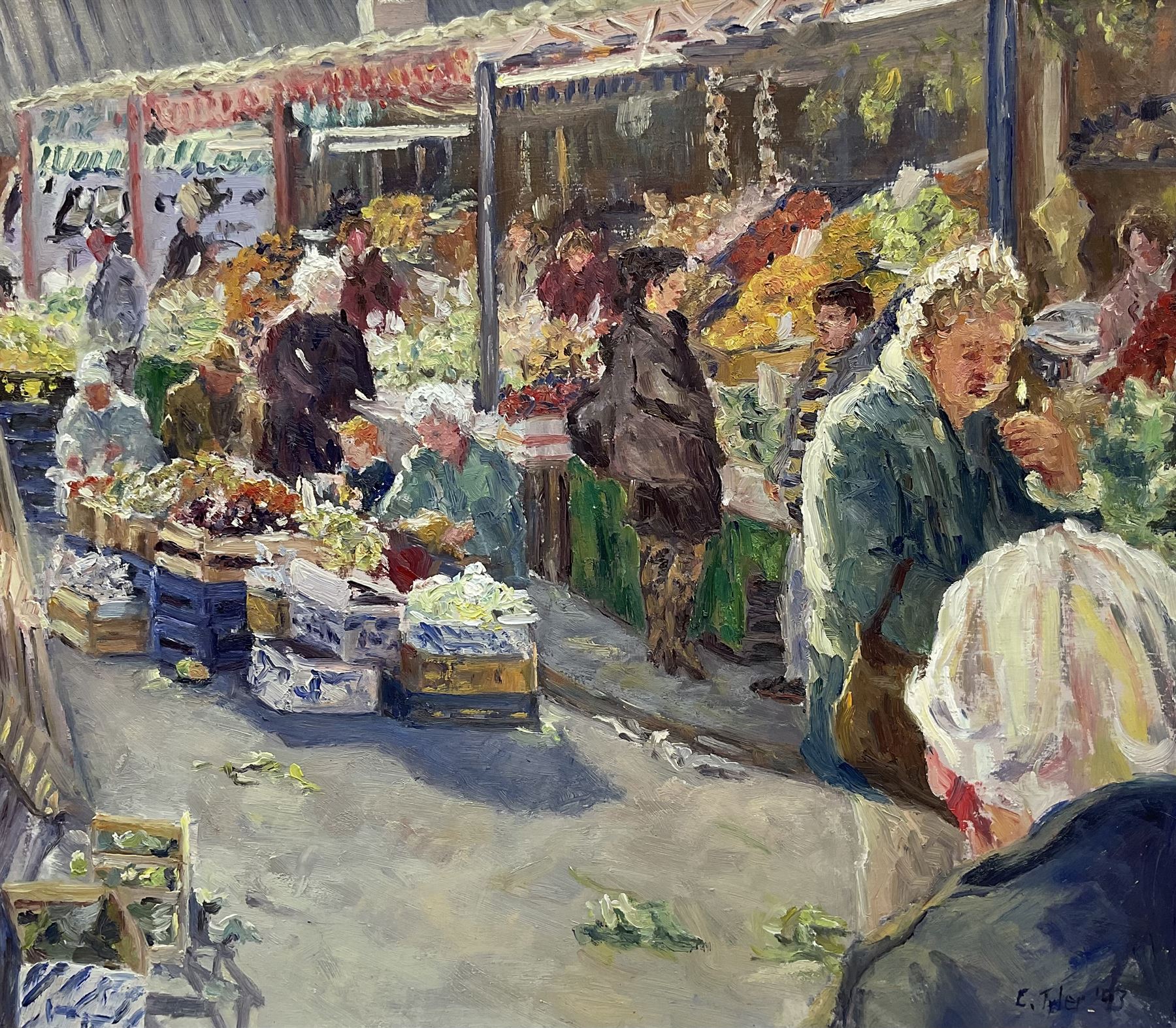 Catherine Tyler (British 1949-): 'Open Market Brighton', oil on panel signed and dated '93, titled verso 42cm x 47cm