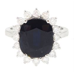 18ct white gold sapphire and round brilliant cut diamond cluster ring, stamped 750, sapphi...