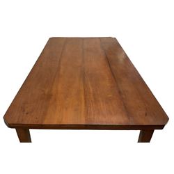 Mid-to-late 20th century teak dining table, rectangular top with canted corners, on square tapering supports with spade feet (214cm x 119cm, H76cm); and a set of eight Burmese reclaimed teak dining chairs, high arched back over panelled seat