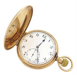 Early 20th century 9ct gold full hunter crown wind lever pocket watch white enamel dial with Arabic numerals and subsidiary seconds dial, case by Benson Brothers, Chester 1922