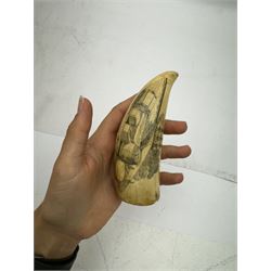 19th century scrimshaw whale tooth, inscribed Rachel,B, Home from Whaling and depicting port, L13cm