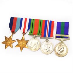 WWII group of four medals comprising 1939-49 star, France and Germany Star, Defence medal, Defence medal, on wearing bar and British Army General Service Medal with clasp for Cyprus awarded to 22598118 Sgt G.S Brierley Para regiment